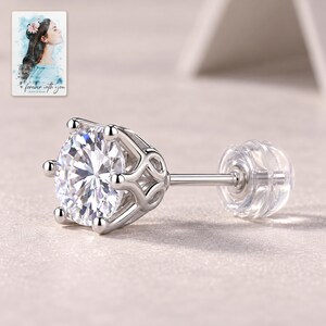 Moissanite Stud Earrings, close-up of the details. A sample personalized digital greeting card is shown alongside.
