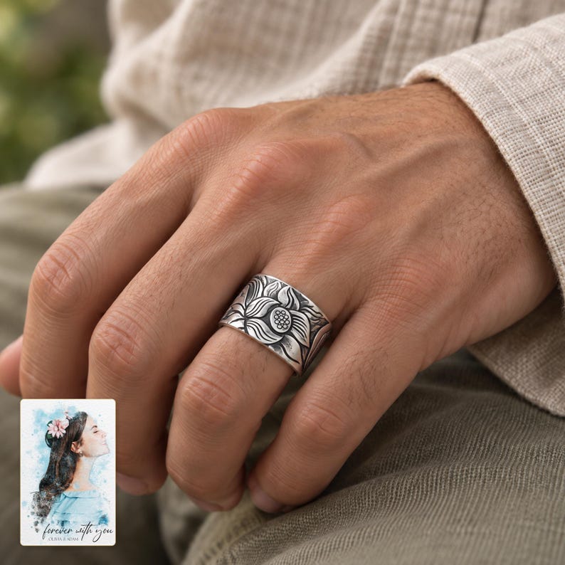 Lotus Flower Open Ring, worn with daytime clothing. A sample personalized digital greeting card is shown alongside.
