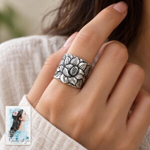 Lotus Flower Open Ring, worn by an adult. A sample personalized digital greeting card is shown alongside.