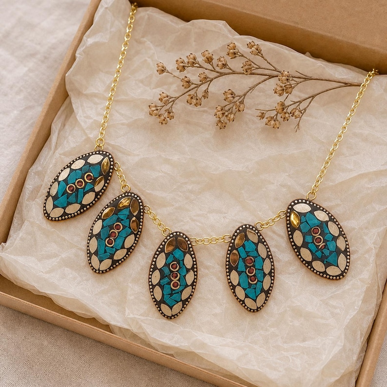Rose Gold and Blue Statement Beaded Necklace shown individually as a coordinating option for the mix and match necklace set