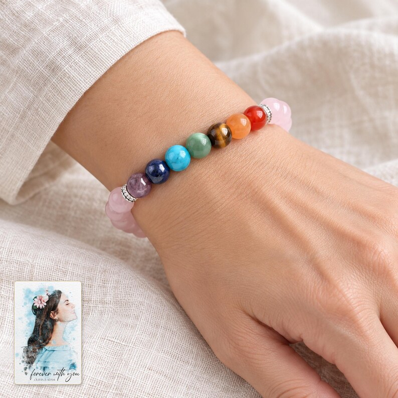 Pink Bead Tree Charm Bracelet, worn with daytime clothing. A sample personalized digital greeting card is shown alongside.