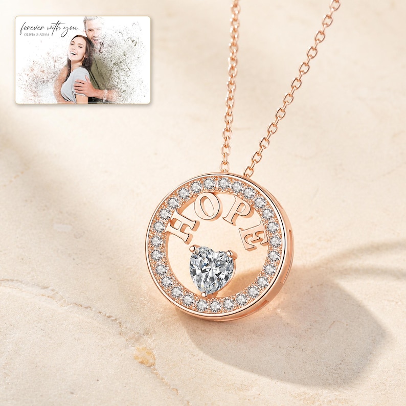 Rose Gold HOPE necklace with a heart-cut cubic zirconia center styled as an elegant jewelry hero image.