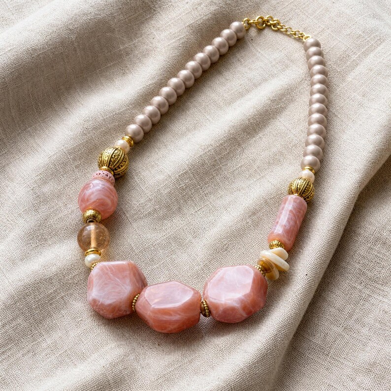 Brown and Rose Gold Statement Beaded Necklace presented in an open jewelry gift box on natural linen