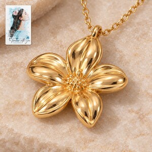 Gold Tone Flower Necklace, close-up of the details. A sample personalized digital greeting card is shown alongside.