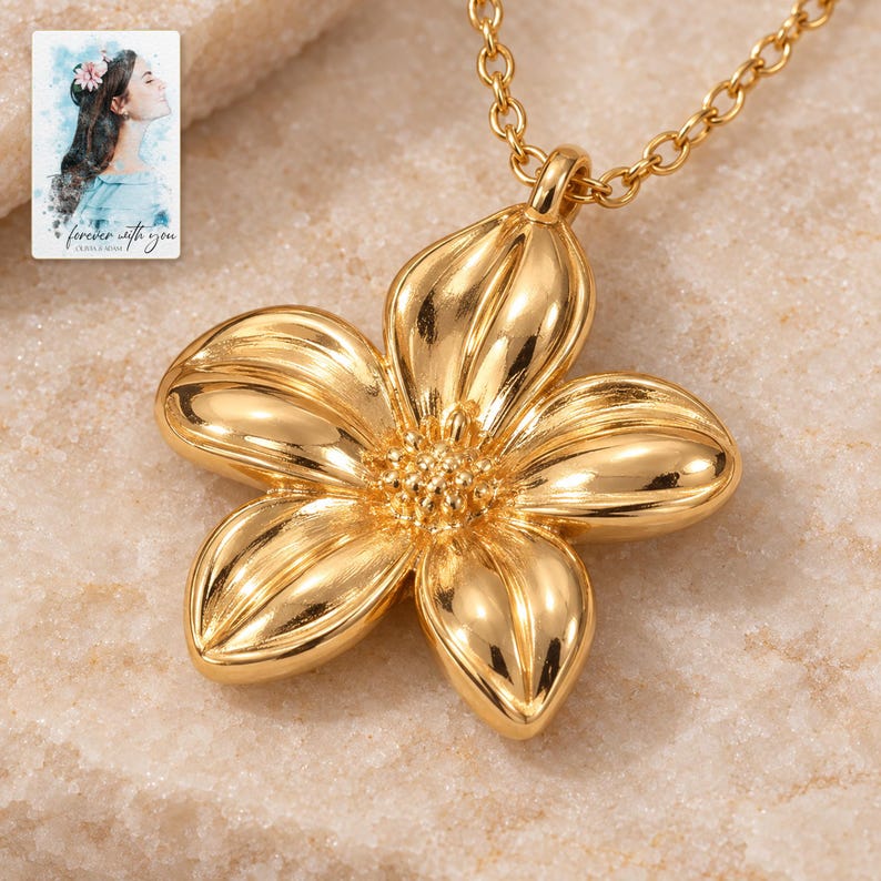 Gold Tone Flower Necklace, close-up of the details. A sample personalized digital greeting card is shown alongside.