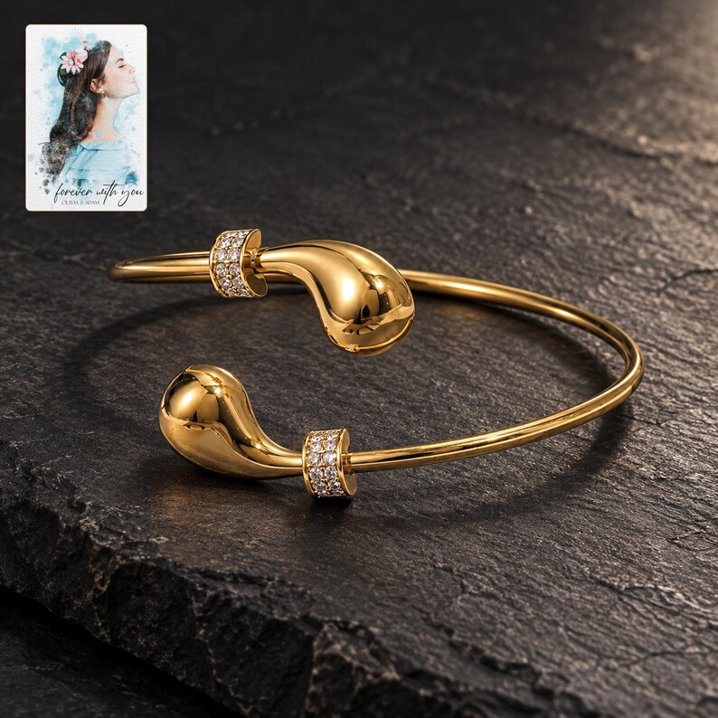 Gold Tone Cuff Bracelet, shown against a dark background. A sample personalized digital greeting card is shown alongside.