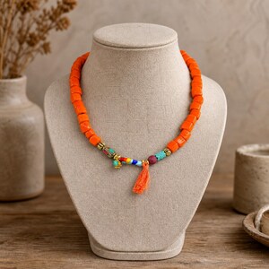 Orange and Red Handmade Beaded Necklace, Layered Statement Jewelry image 3