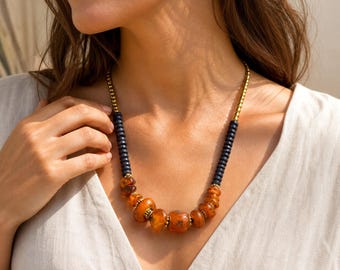 Orange Chunky Beaded Necklace, Black Disc Beads and Gold Tone Details