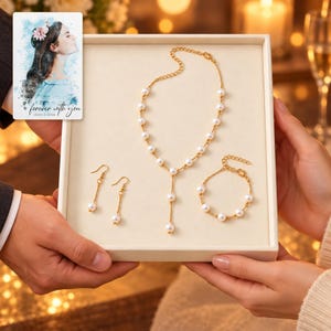 pearl style Occasion Jewelry Set shown during a warm gift-receiving moment between adults with the jewelry visible. A personalized digital greeting card is shown alongside.