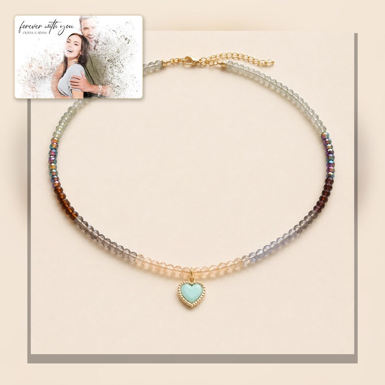 Heart Bead Necklace, linen flatlay view, photo 6.