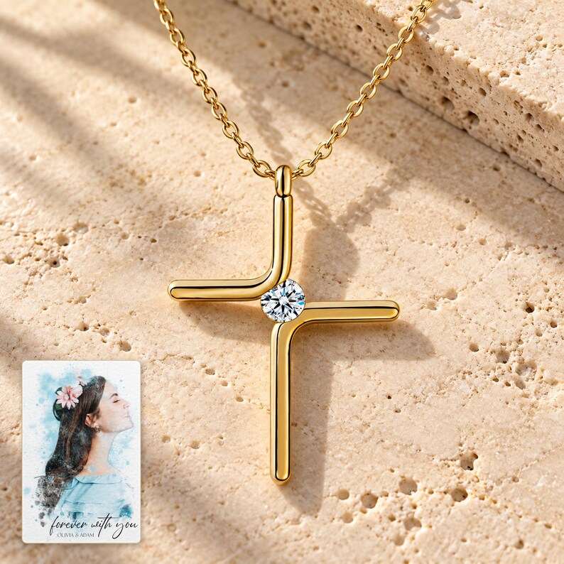 Cross Pendant Necklace, shown in natural light. A sample personalized digital greeting card is shown alongside.