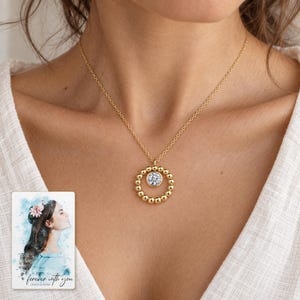 Moissanite Circle Necklace, worn lifestyle view. A personalized digital greeting card is shown alongside.