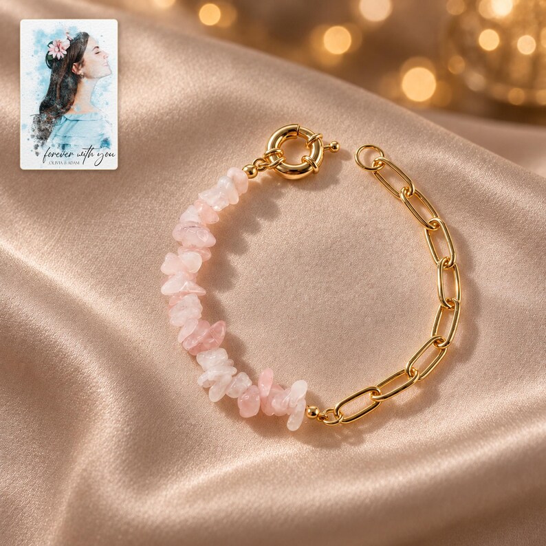 Pink Chip Bead Bracelet, evening style view. A personalized digital greeting card is shown alongside.