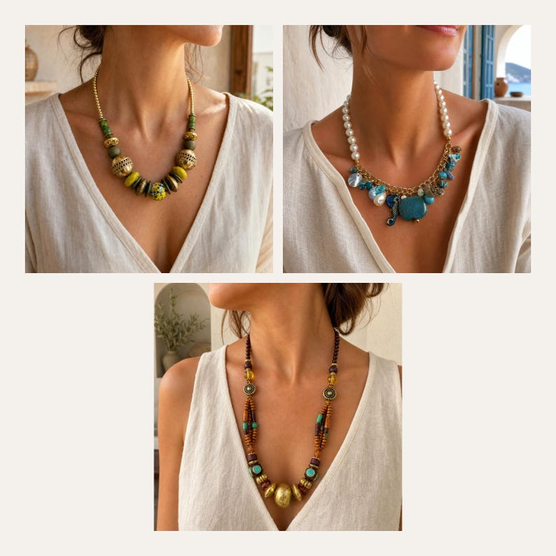 May include: A collection of three necklaces featuring diverse designs. One necklace has green and gold-toned beads, another displays white pearls with blue charms, and the third features brown wooden beads with turquoise accents and a central gold-toned pendant.