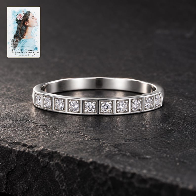 Moissanite Band Ring, shown against a dark background. A sample personalized digital greeting card is shown alongside.