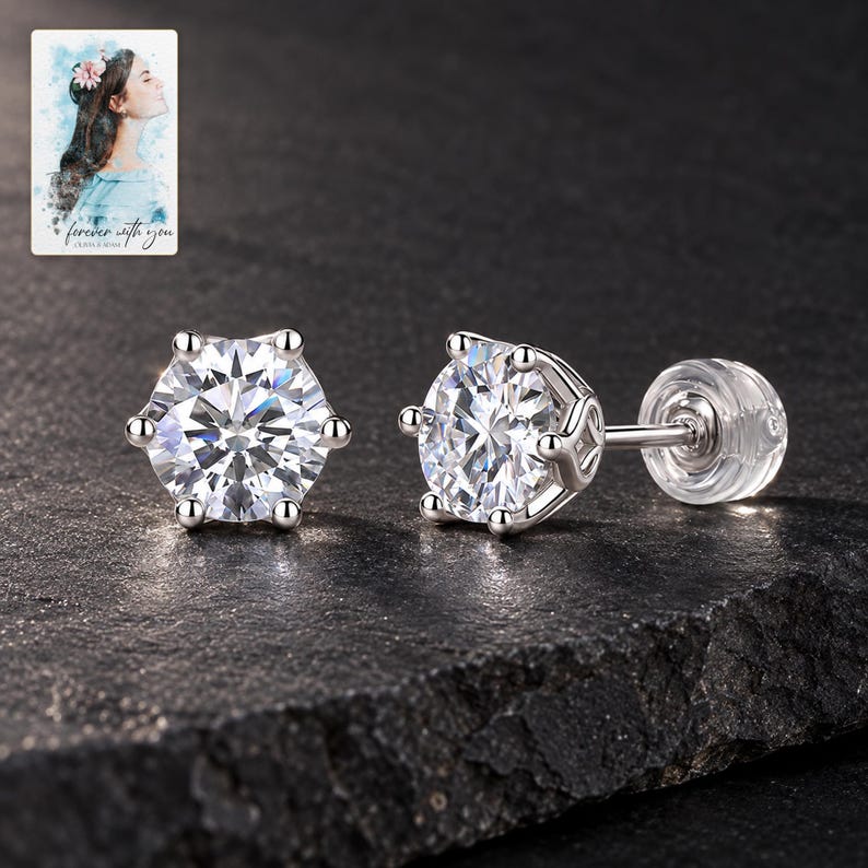 Moissanite Stud Earrings, shown against a dark background. A sample personalized digital greeting card is shown alongside.