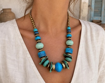 Rose Gold Tone and Brown Layered Beaded Necklace, Bold Boho Statement