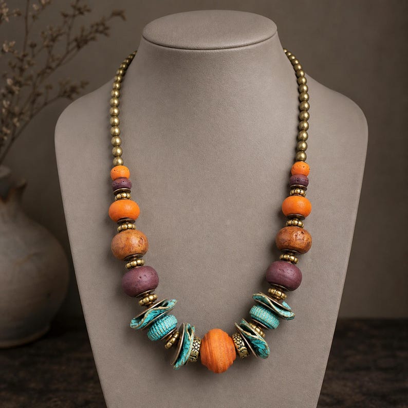 Rose Gold and Gray Statement Beaded Necklace shown individually as a coordinating option for the mix and match necklace set