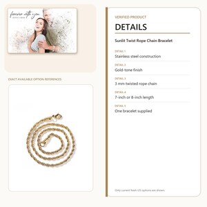Pu&ograve; includere: Un bracciale a catena a corda ritorta in acciaio inossidabile color oro con uno spessore di 3 mm. Il bracciale &egrave; disponibile in lunghezze da 7 o 8 pollici. I dettagli del prodotto sono mostrati accanto a una foto di una coppia con il testo forever with you.