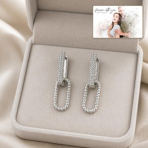 May include: A pair of silver-toned drop earrings featuring a rectangular top link encrusted with small clear stones and a dangling oval link with a beaded texture. The earrings are displayed in a light beige jewellery box with a photo insert.