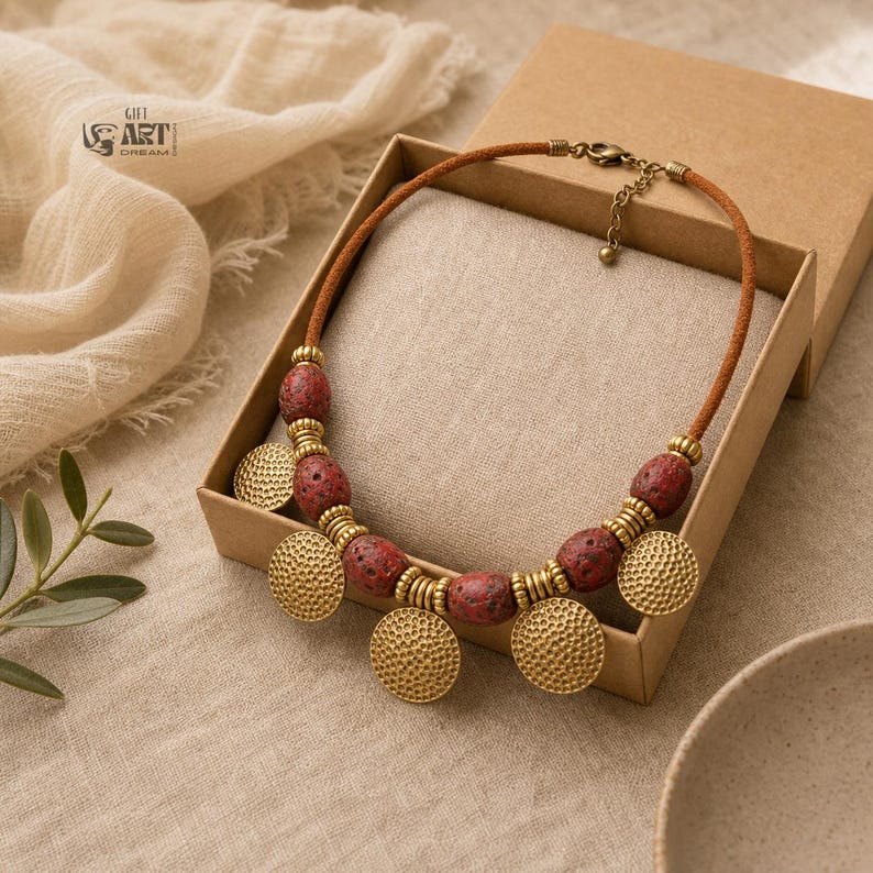May include: A necklace featuring a brown cord, red porous lava beads, and round, textured brass-toned metal discs. The piece includes small brass-toned spacer beads and a metal lobster clasp closure. The logo GIFT ART DREAM is visible.