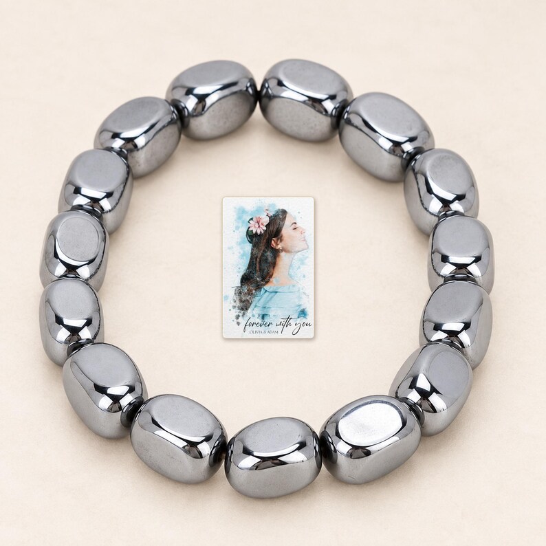 Metallic Grey Bead Bracelet, hero view. A personalized digital greeting card is shown alongside.