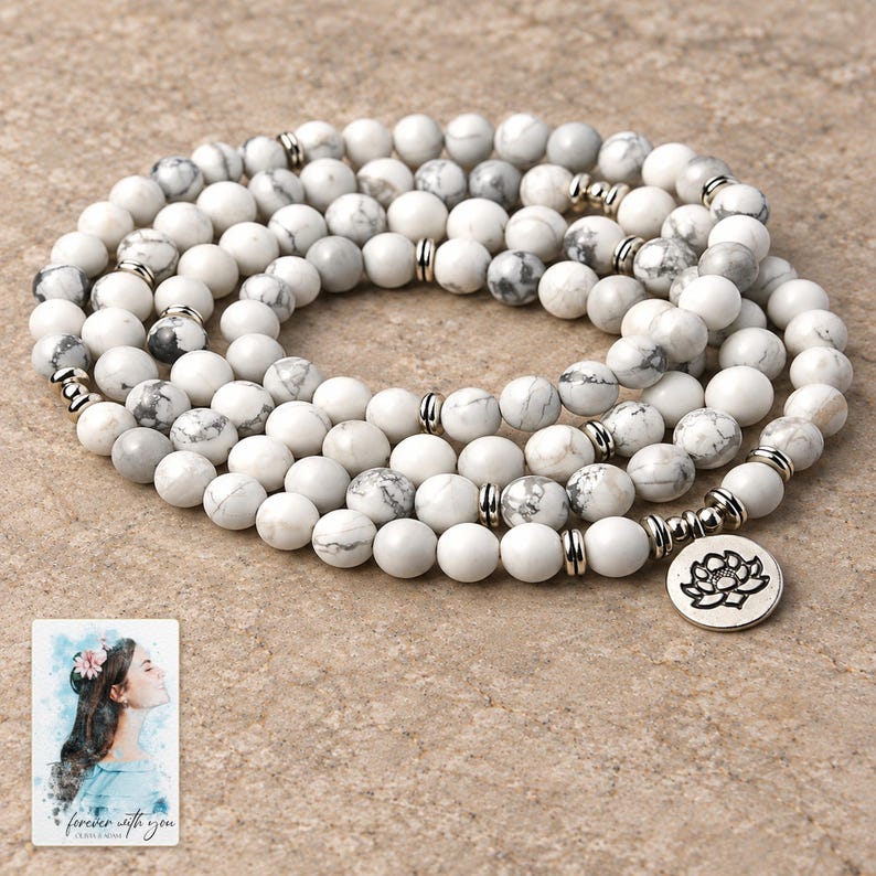 White Bead Wrap Bracelet, shown on a display surface. A sample personalized digital greeting card is shown alongside.