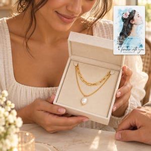 Kona pearl style Layers Necklace shown during a warm gift-receiving moment between adults with the jewelry visible. A personalized digital greeting card is shown alongside.