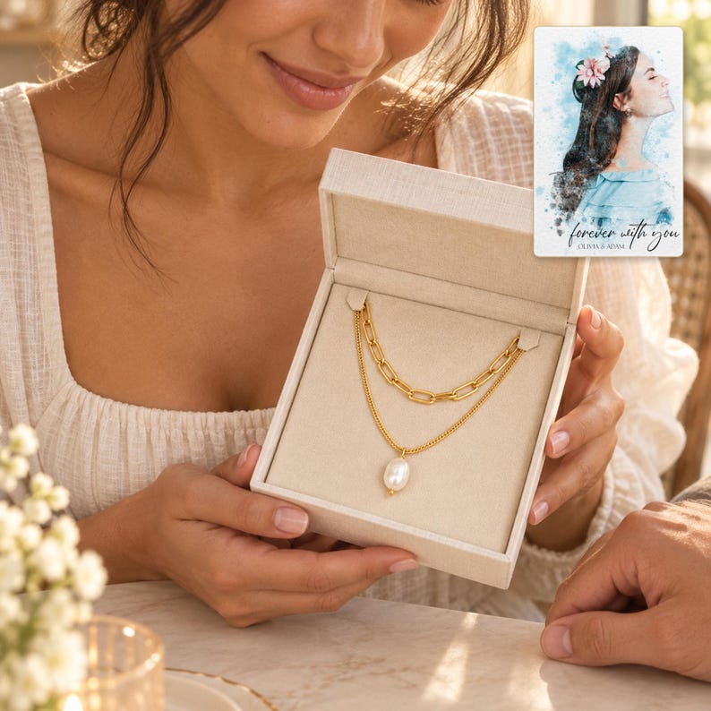 Kona pearl style Layers Necklace shown during a warm gift-receiving moment between adults with the jewelry visible. A personalized digital greeting card is shown alongside.