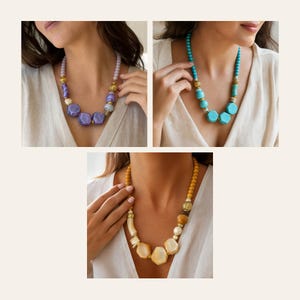 May include: Three necklaces featuring chunky geometric beads in purple, turquoise, and yellow. Each piece incorporates smaller round beads, textured gold-tone spacers, and smooth cylindrical accents, creating a layered look with varied bead shapes and sizes.