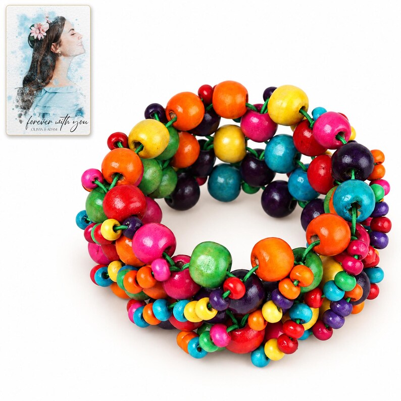 Rainbow Bead Bracelet shown on a clean white catalog background for an unobstructed product view. A personalized digital greeting card is shown alongside.