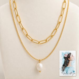 Kona pearl style Layers Necklace shown on a clean white catalog background for an unobstructed product view. A personalized digital greeting card is shown alongside.