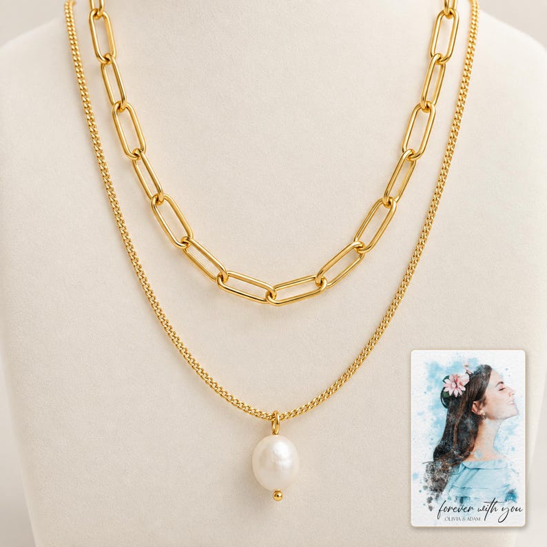 Kona pearl style Layers Necklace shown on a clean white catalog background for an unobstructed product view. A personalized digital greeting card is shown alongside.