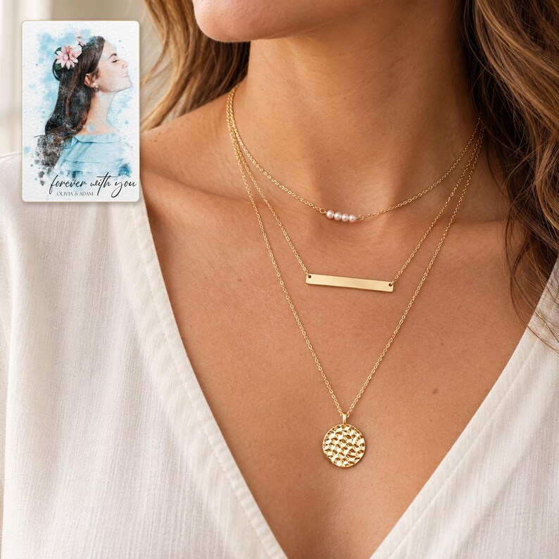 Adult woman wearing the complete pearl-style beads, wide bar and hammered coin necklace set with an ivory blouse. A personalized digital greeting card is shown alongside.