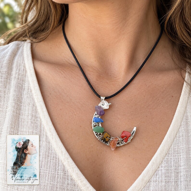 Rainbow Chip Moon Necklace, worn by an adult. A sample personalized digital greeting card is shown alongside.