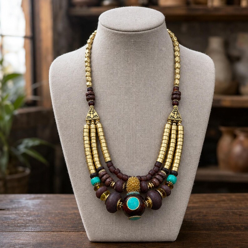 Orange and Brown Statement Beaded Necklace shown individually as a coordinating option for the mix and match necklace set