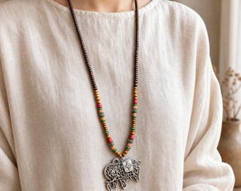 Collar largo con colgante de elefante, joyería bohemia con cordón de cuentas