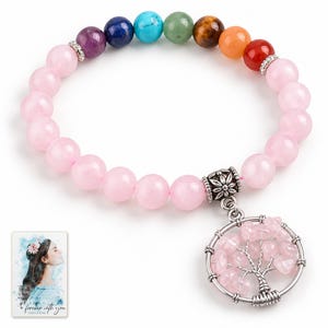Pink Bead Tree Charm Bracelet, shown against a light background. A sample personalized digital greeting card is shown alongside.