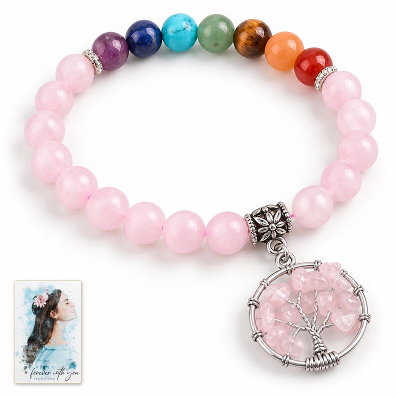 Pink Bead Tree Charm Bracelet, shown against a light background. A sample personalized digital greeting card is shown alongside.