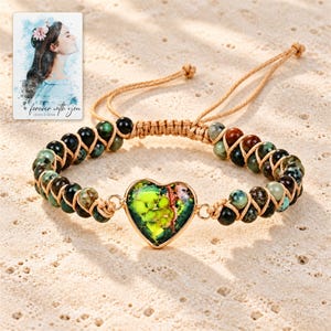 Verdant Heart Woven Bracelet shown as the main Etsy hero photograph with a clear view of the complete design. A personalized digital greeting card is shown alongside.