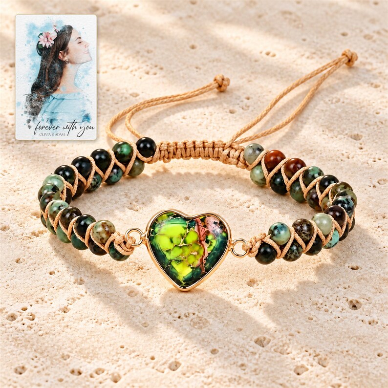 Verdant Heart Woven Bracelet shown as the main Etsy hero photograph with a clear view of the complete design. A personalized digital greeting card is shown alongside.