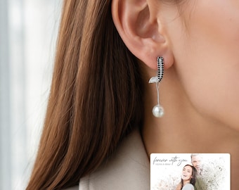 Black Accent Drop Earrings, Personalize Silver Tone Curves and Pearl Look Beads
