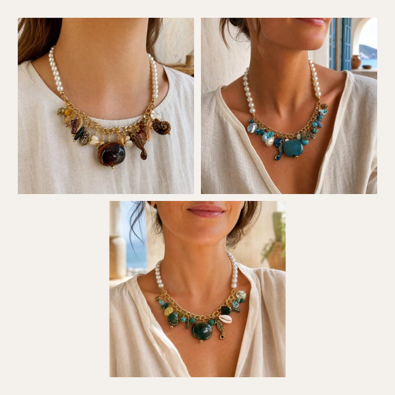 Bronze Tone and Brown Handmade Beaded Necklace, Layered Statement Jewelry 3 piece set