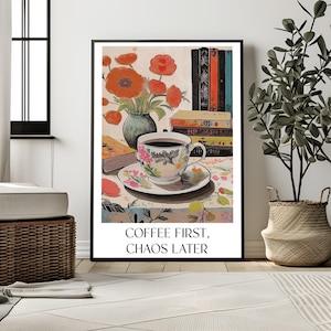 Be Calm Coffee First, Sztuka ścienna w stylu retro, Sztuka do pobrania, Wydruk na wózku kawowym, Dekoracja dla miłośników kawy, Modny plakat retro, Sztuka ścienna w stylu maksymalistycznym