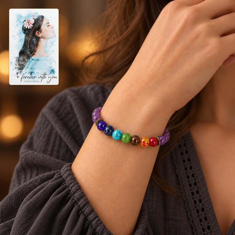 Violet Spectrum Cord Bracelet worn by an adult in a polished evening lifestyle scene. A personalized digital greeting card is shown alongside.
