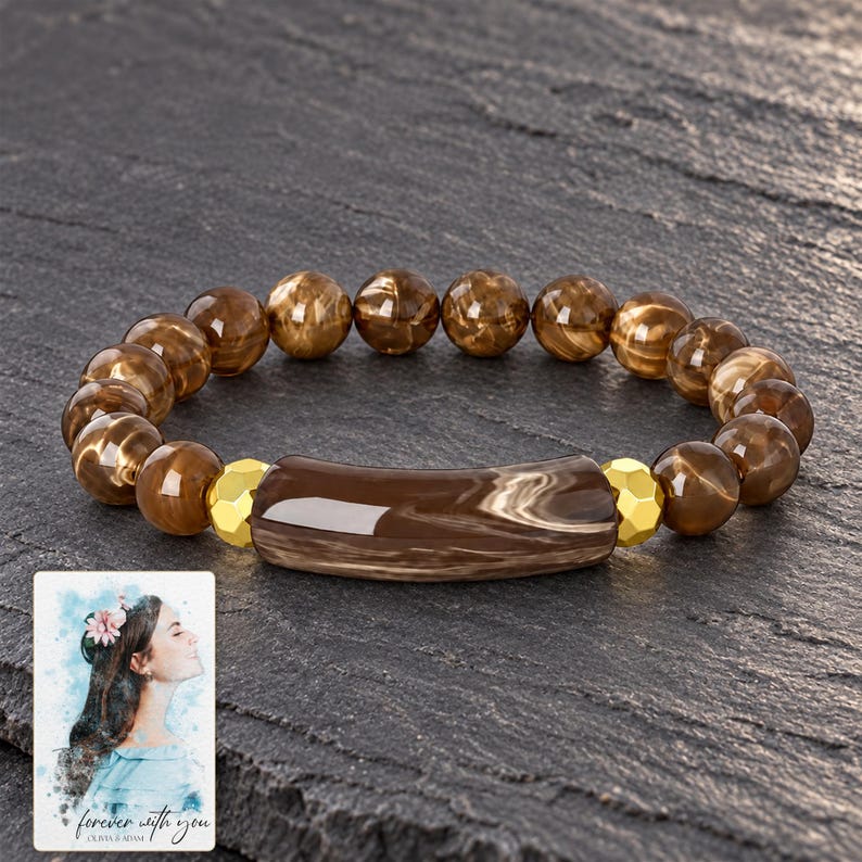 Cocoa Swirl Bar Bracelet styled against a dark luxury surface with the exact product finish clearly visible. A personalized digital greeting card is shown alongside.