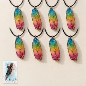 Rainbow Tree Stone Necklace, close-up of the details. A sample personalized digital greeting card is shown alongside.