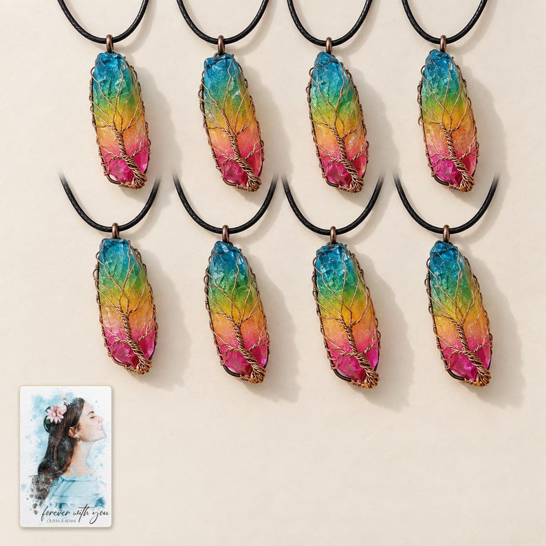 Rainbow Tree Stone Necklace, close-up of the details. A sample personalized digital greeting card is shown alongside.