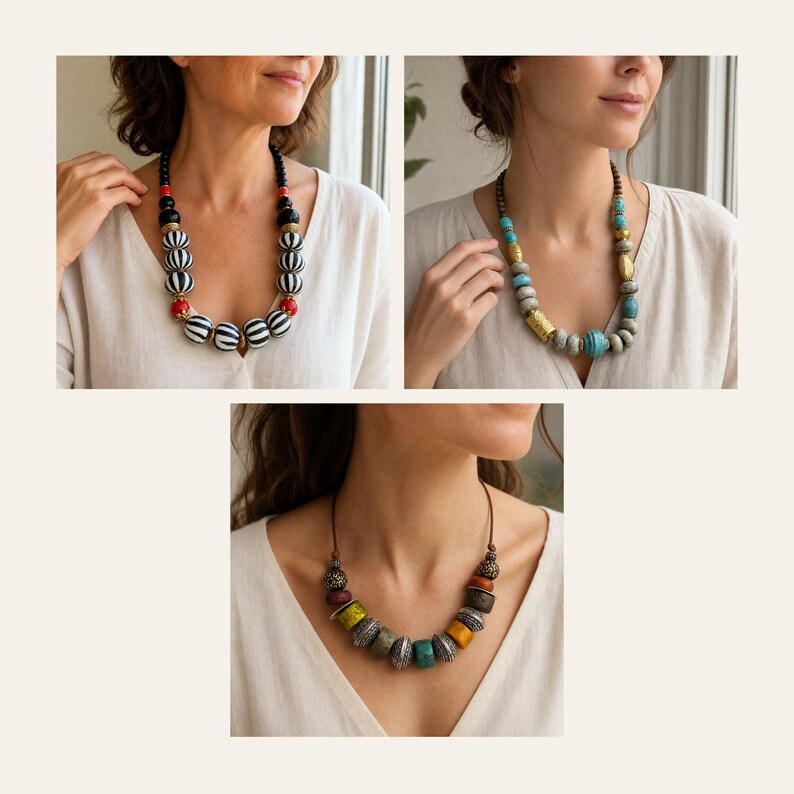 May include: A collection of three necklaces featuring various bead designs. One necklace has black and white striped beads with red accents, another has turquoise and gold-toned beads, and the third features multi-colored textured beads.