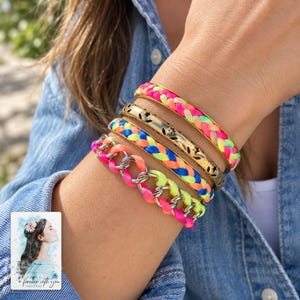 Colorful Woven Bracelet Set, worn with daytime clothing. A sample personalized digital greeting card is shown alongside.